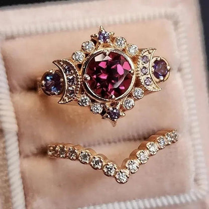 Red Crystal Wicca Star and Triple Moon Ring Pagan Jewelry-MoonChildWorld