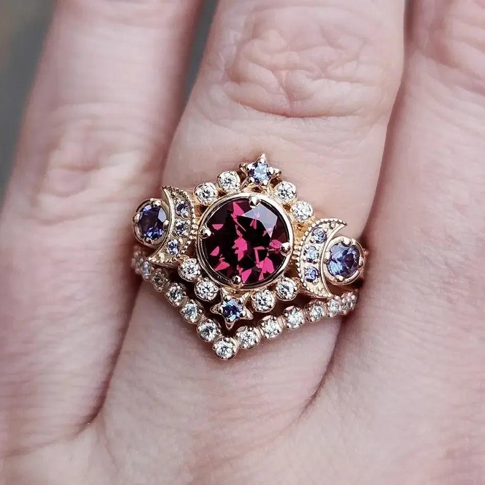 Red Crystal Wicca Star and Triple Moon Ring Pagan Jewelry-MoonChildWorld