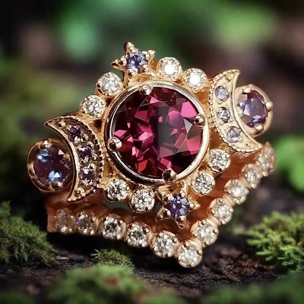 Red Crystal Wicca Star and Triple Moon Ring Pagan Jewelry-MoonChildWorld