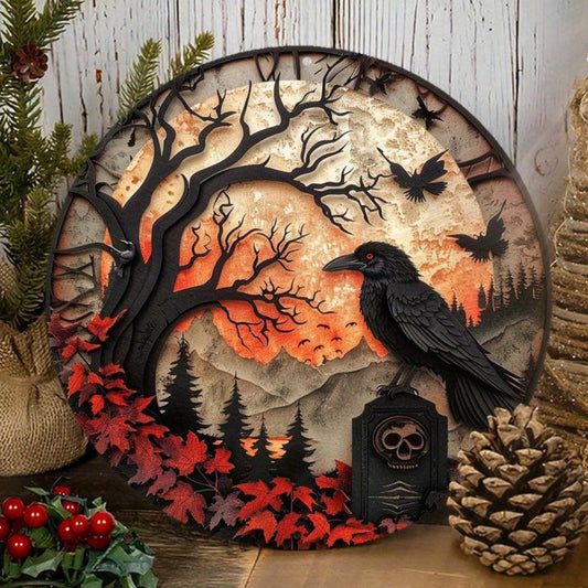 Black Raven & Tombstone Gothic Crow Wall Sign Gothic Metal Sign Halloween Decor-MoonChildWorld