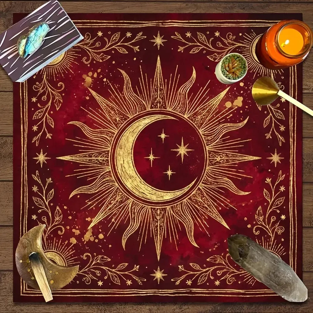 Red gold celestial tarot divination mat with sun moon stars – Pagan sabbat altar cloth