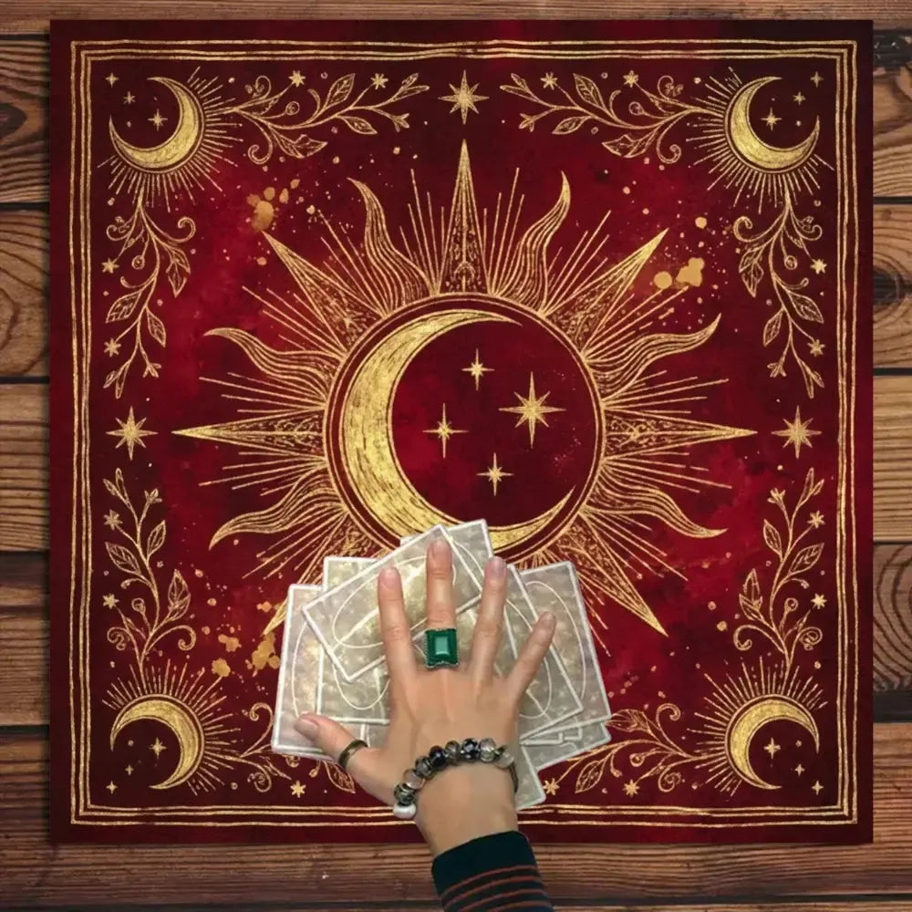 Sun moon stars ritual altar cloth red background – Wiccan spiritual ceremony decor mat