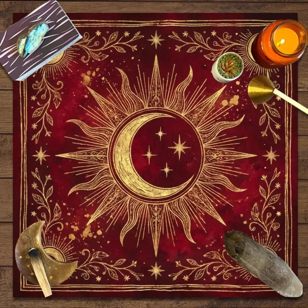 Red and Gold Sun Moon Stars Altar Cloth – celestial ritual tarot mat for Wiccan Pagan ceremony