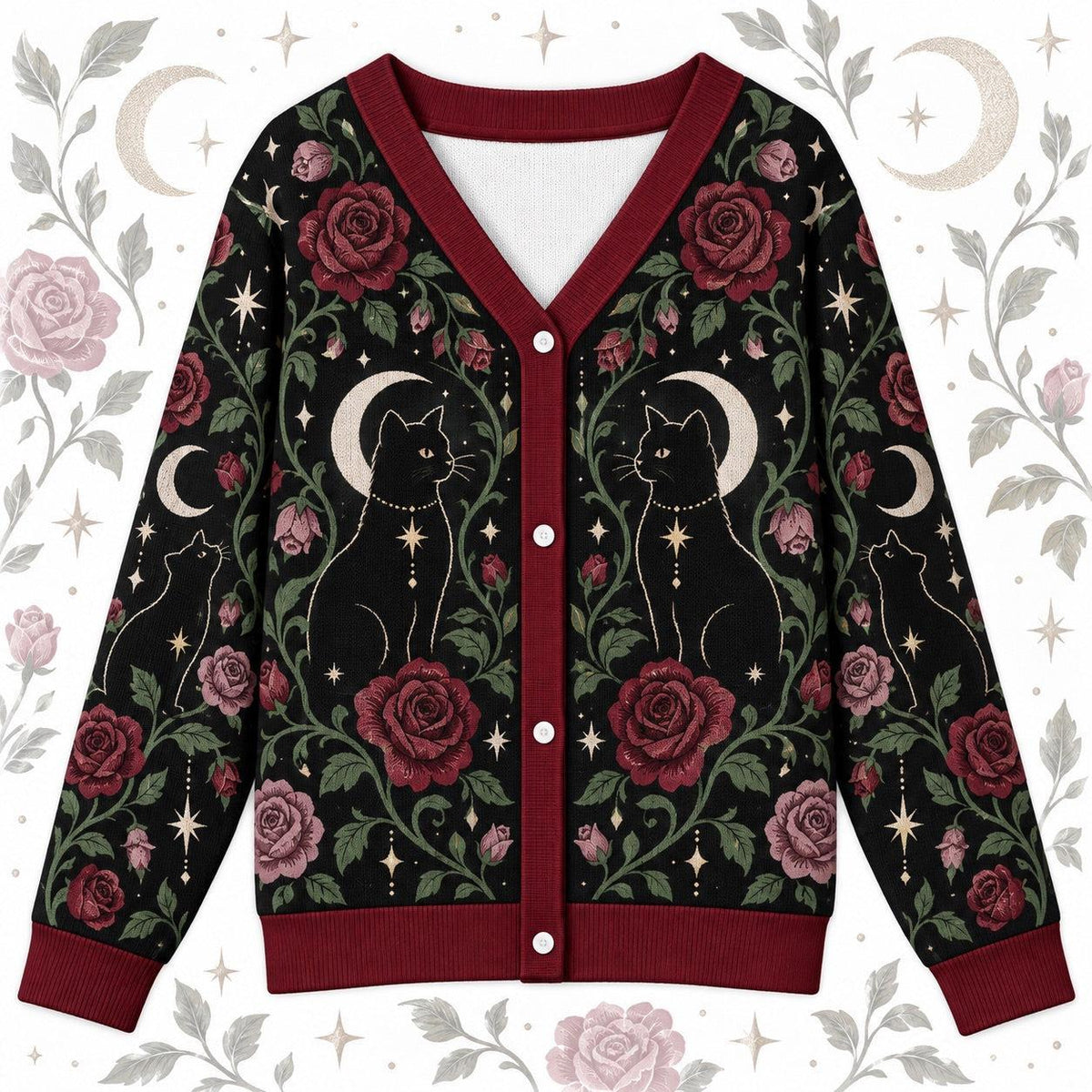 Red Rose Black Cat Crescent Moon Witchy Cardigan for Women Dark Floral, front view