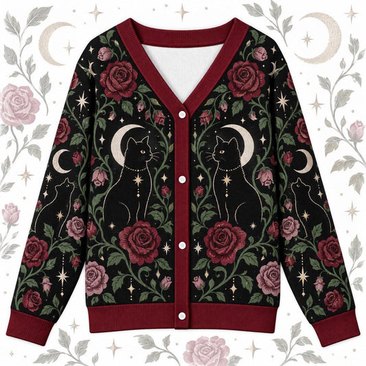 Red Rose Black Cat Crescent Moon Witchy Cardigan for Women Dark Floral, front view