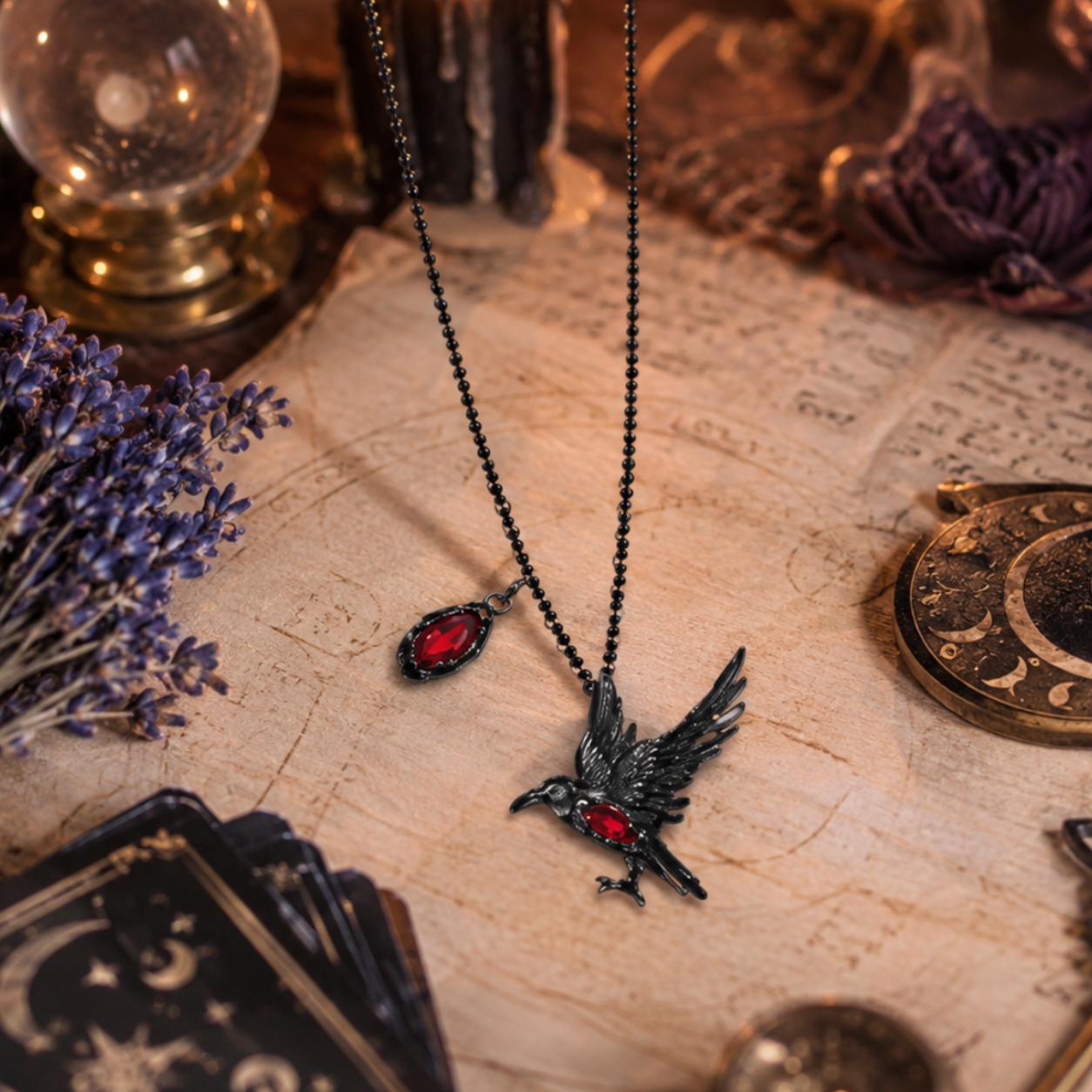 Red Zircon Black Crows Necklace Witchy Raven Gothic Jewelry for Halloween-MoonChildWorld