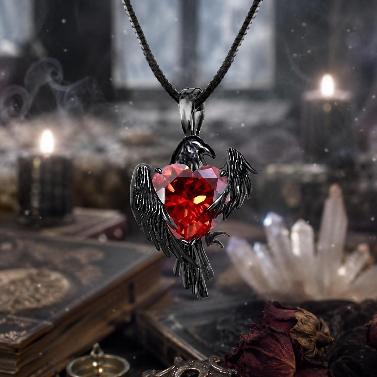 Red Zircon Black Crows Necklace Witchy Raven Gothic Jewelry for Halloween-MoonChildWorld
