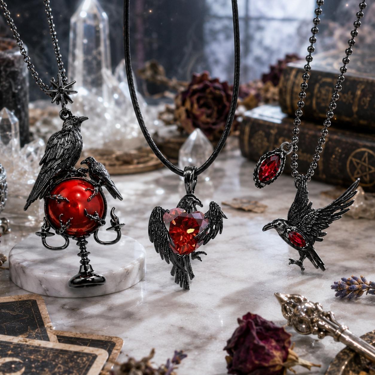 Gothic-style jewelry with ravens and red gemstones on a mystical background.
