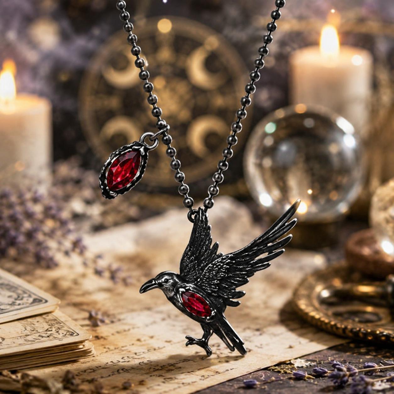 Black crow pendant with red gemstones on a chain, set against a mystical background with candles and cards.