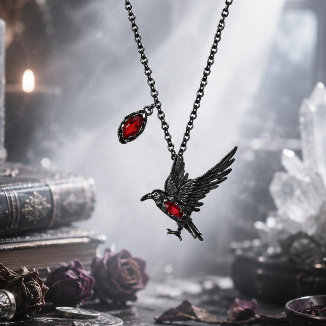 Gothic-style necklace with a crow pendant and red gemstones on a mystical background.