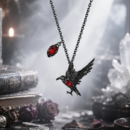 Gothic-style necklace with a crow pendant and red gemstones on a mystical background.