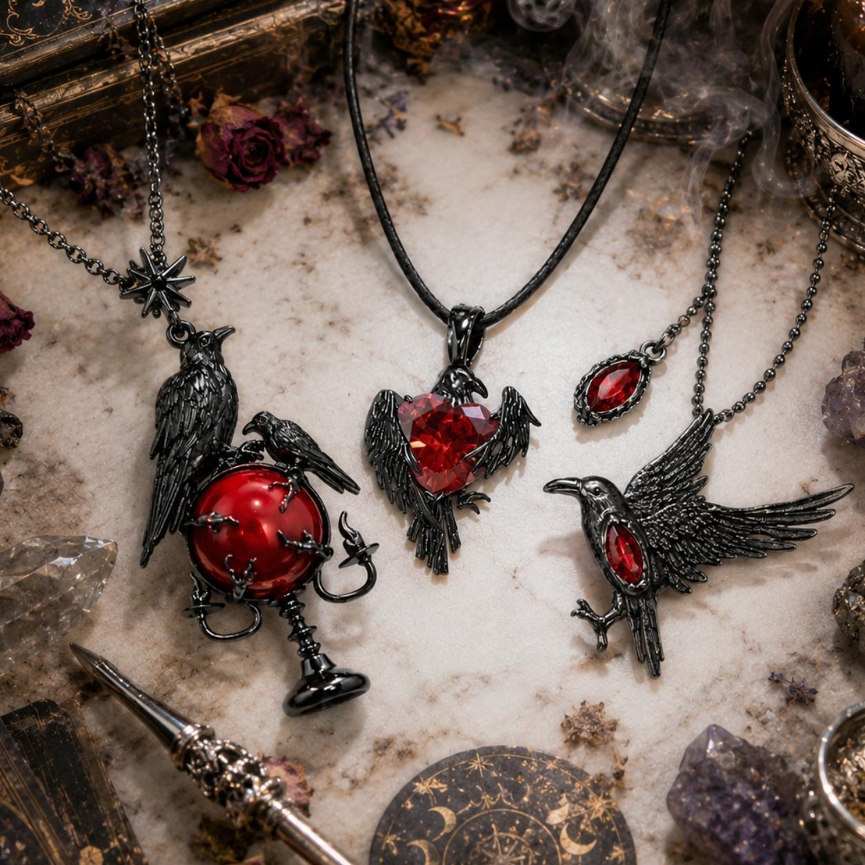 Gothic-style jewelry with ravens and red stones on a mystical background
