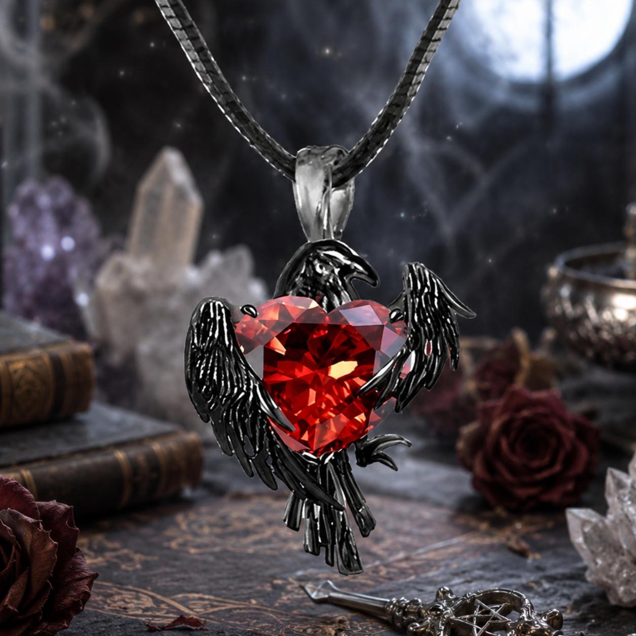 Red Zircon Black Crows Necklace Witchy Raven Gothic Jewelry for Halloween-MoonChildWorld