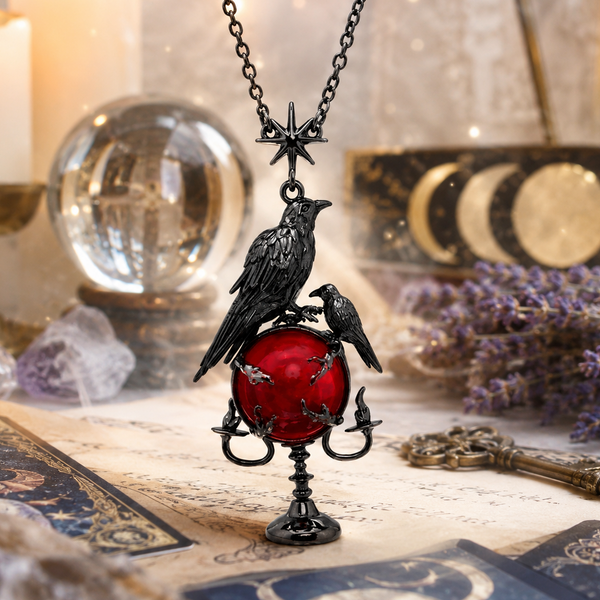 Necklace with a raven and red egg pendant on a mystical background with candles, crystals, and lavender.