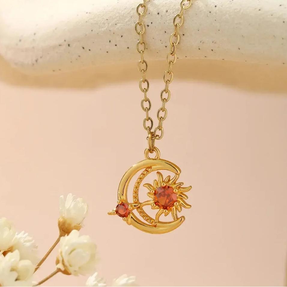 Red Zircon Star Sun Moon Necklace Astrology Jewelry-MoonChildWorld