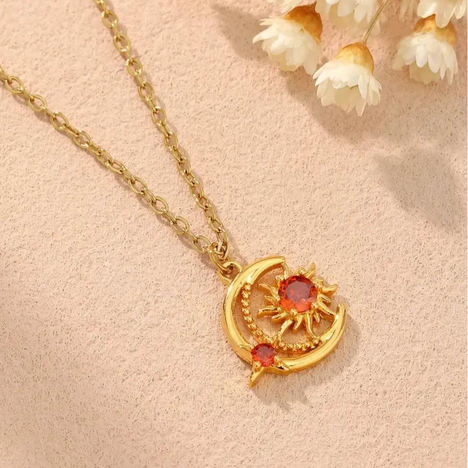 Red Zircon Star Sun Moon Necklace Astrology Jewelry-MoonChildWorld