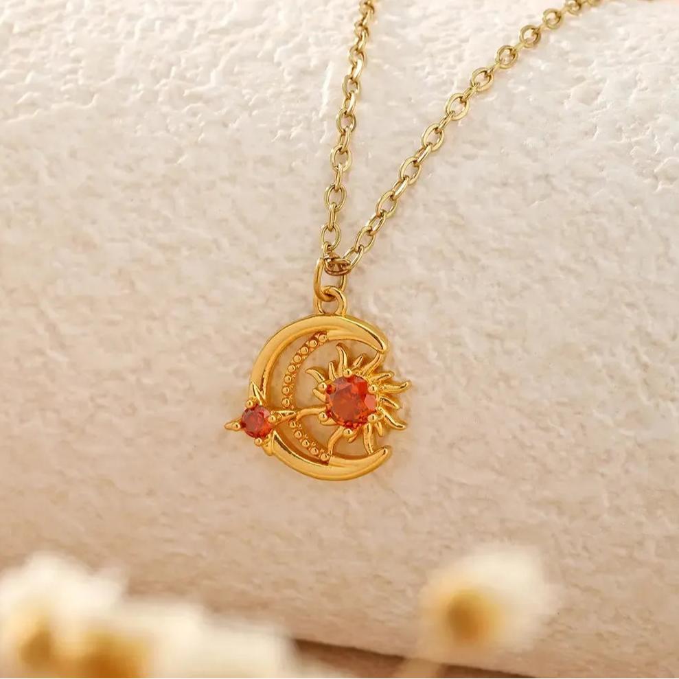 Red Zircon Star Sun Moon Necklace Astrology Jewelry-MoonChildWorld