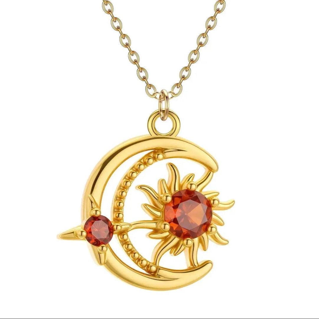 Red Zircon Star Sun Moon Necklace Astrology Jewelry-MoonChildWorld