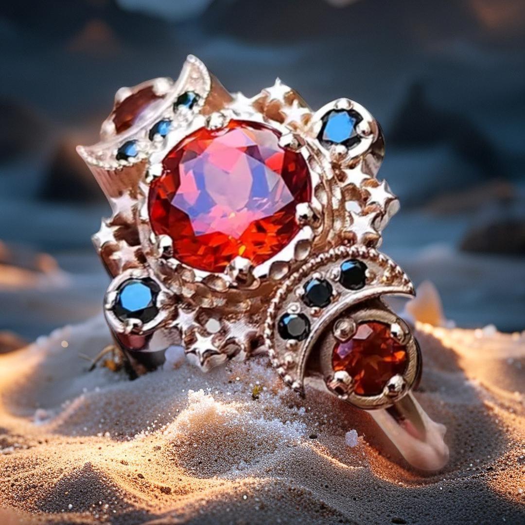 Red and Black Crystal Wicca Triple Moon Ring Pagan Jewelry-MoonChildWorld