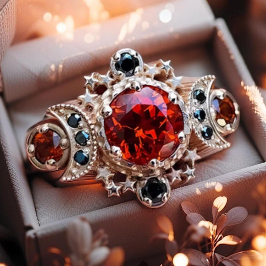 Red and Black Crystal Wicca Triple Moon Ring Pagan Jewelry-MoonChildWorld