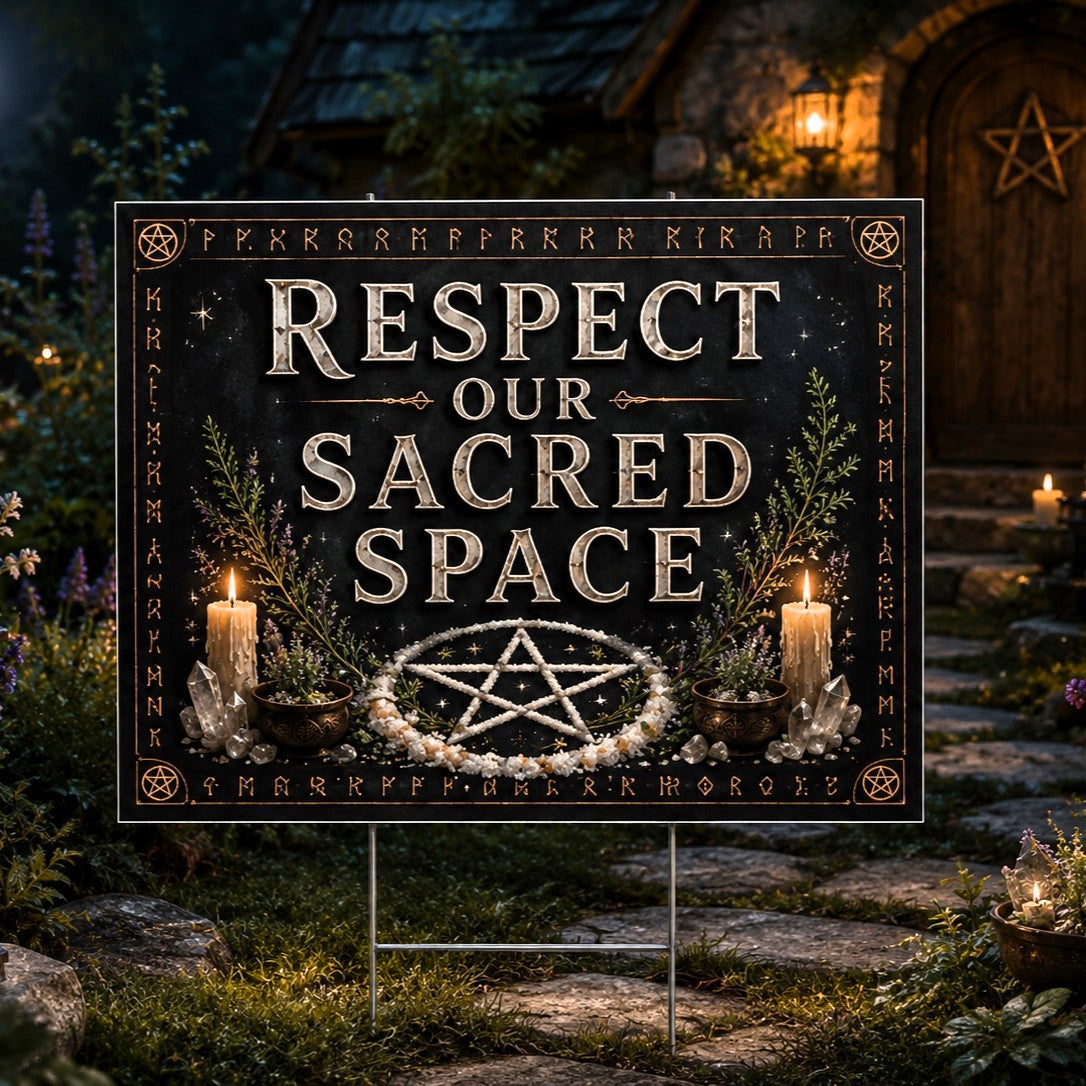 Respect Our Sacred Space Pentacle Pagan Yard Sign - front view