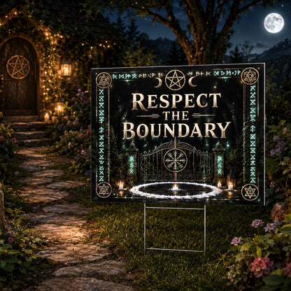 Respect the Boundary Gate Runes Wicca Yard Sign - porch scene