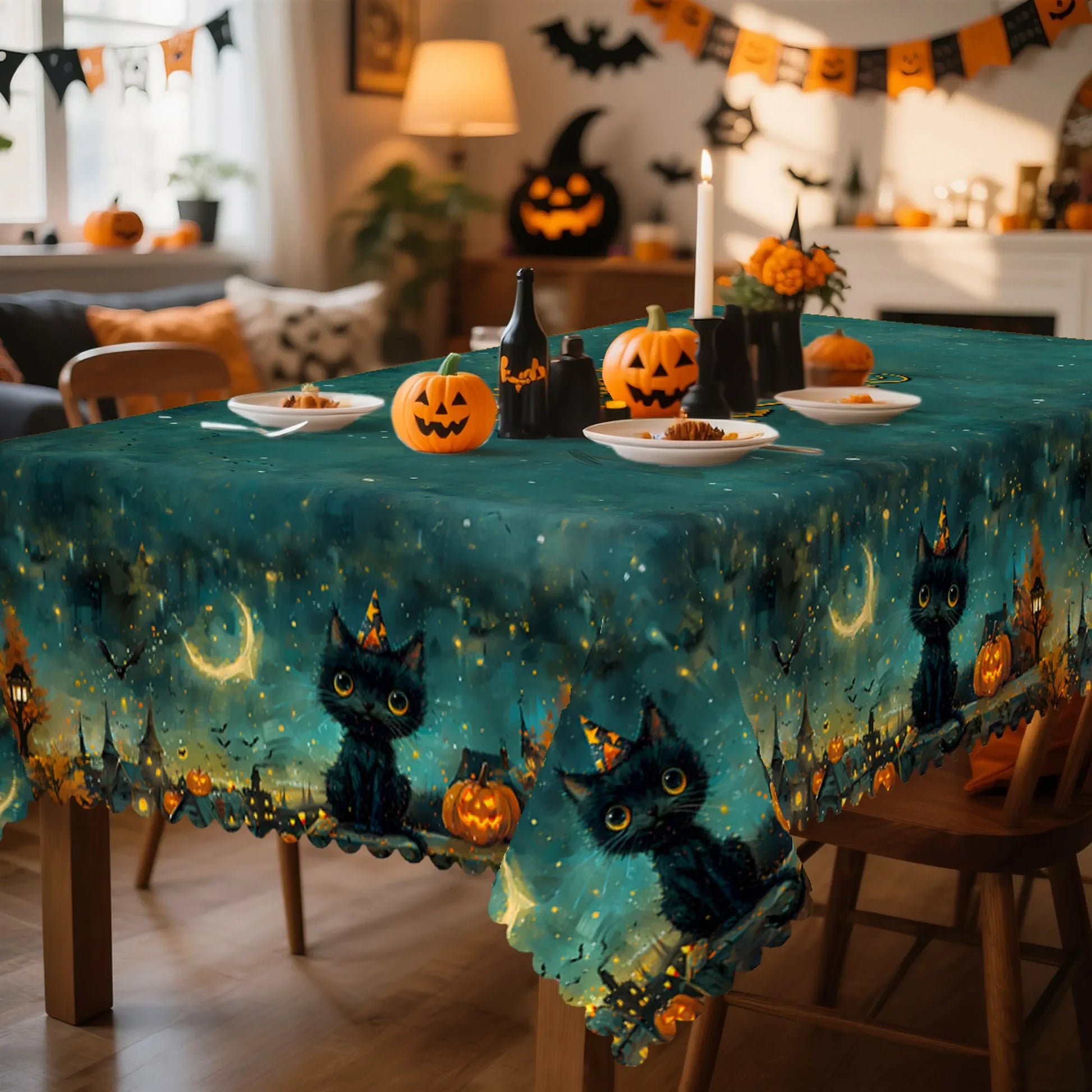 Retro Cat Pumpkin Bat Halloween Tablecloth Candlelit Decor-MoonChildWorld