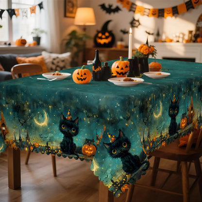 Retro Cat Pumpkin Bat Halloween Tablecloth Candlelit Decor-MoonChildWorld