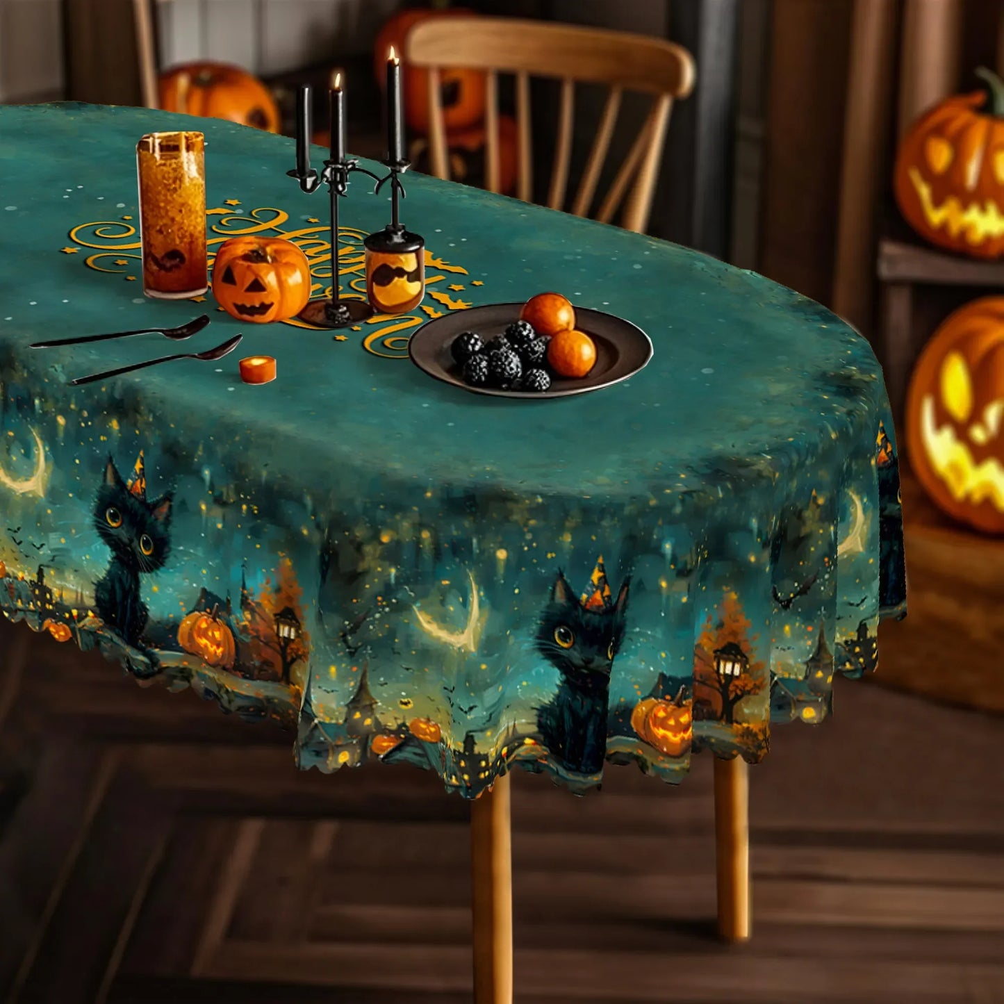 Retro Cat Pumpkin Bat Halloween Tablecloth Candlelit Decor-MoonChildWorld