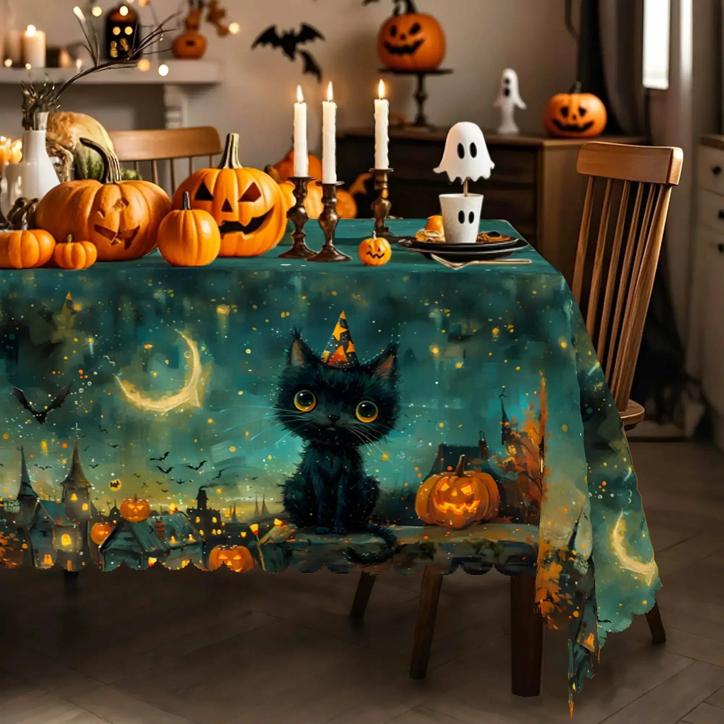 Retro Cat Pumpkin Bat Halloween Tablecloth Candlelit Decor-MoonChildWorld