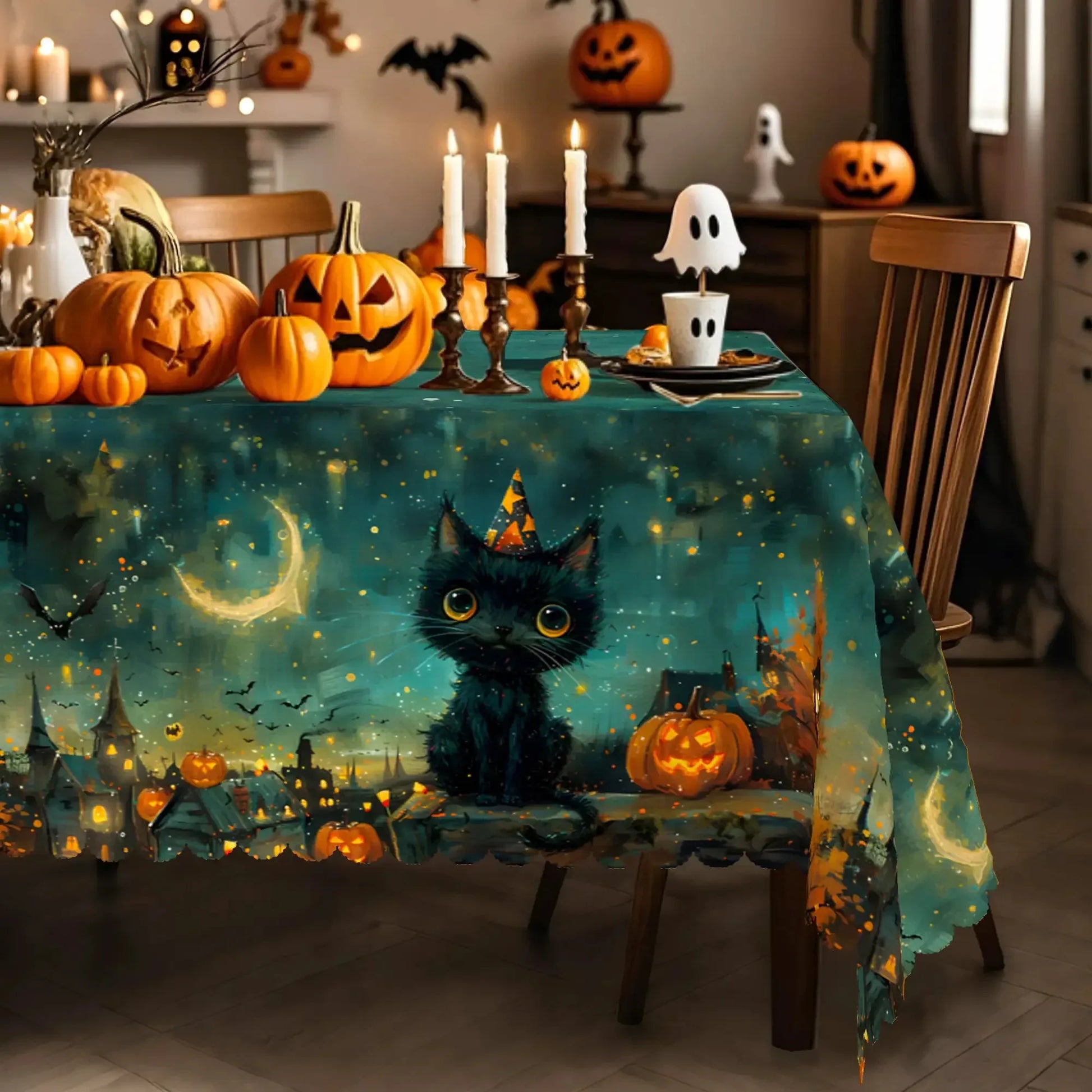 Retro Cat Pumpkin Bat Halloween Tablecloth Candlelit Decor-MoonChildWorld