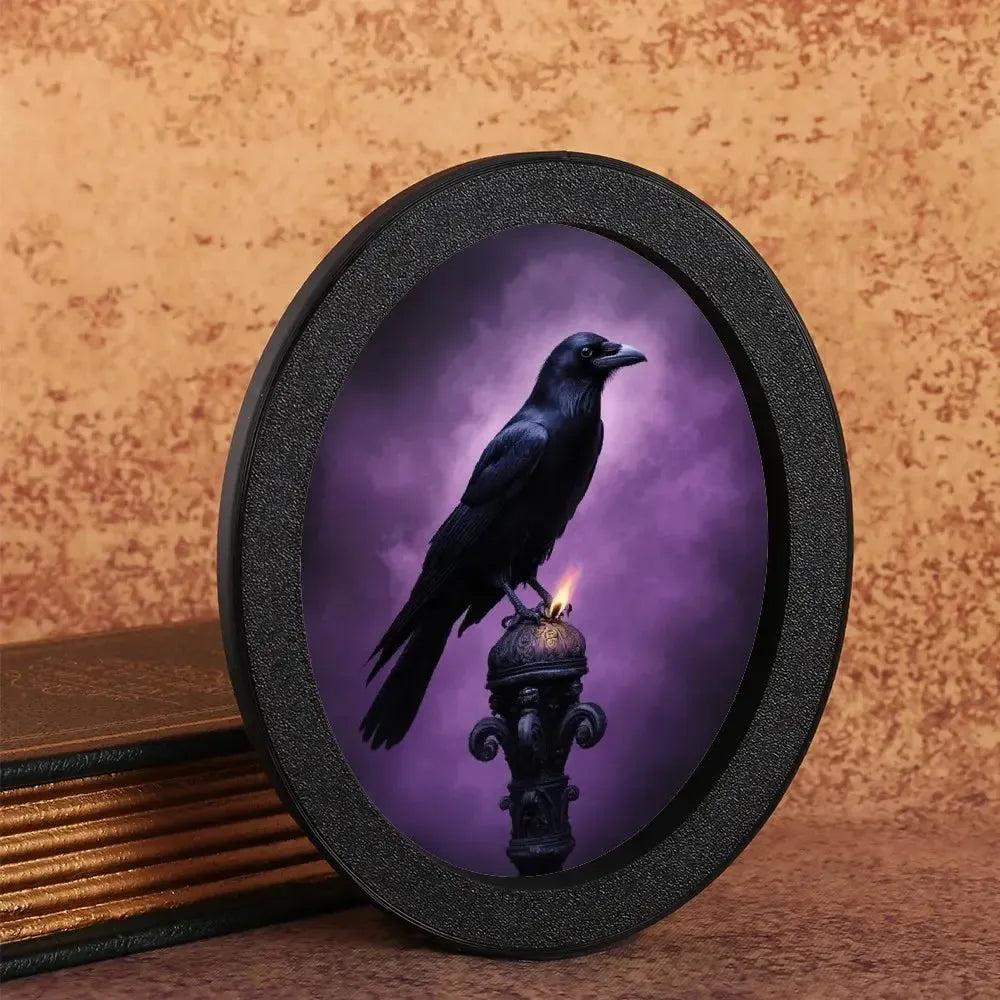 Retro Dark Crow Wall Art - Witchy Black Raven Gothic Wooden Oval Frame Halloween Wall Decoration-MoonChildWorld
