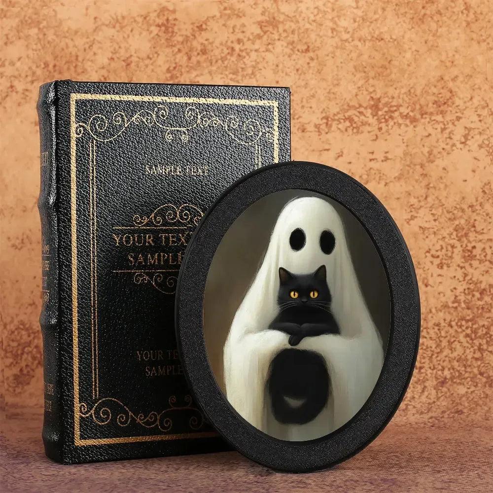 Retro Ghost and Black Cat Witchy Wooden Oval Frame - Gothic Oval Wall Art - Halloween Wall Decoration-MoonChildWorld