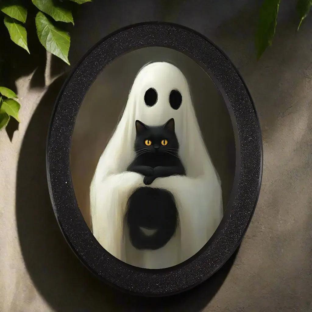 Retro Ghost and Black Cat Witchy Wooden Oval Frame - Gothic Oval Wall Art - Halloween Wall Decoration-MoonChildWorld