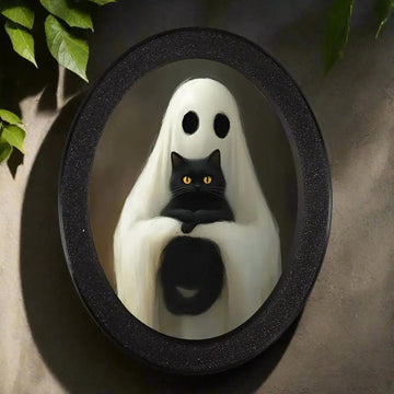 Retro Ghost and Black Cat Witchy Wooden Oval Frame - Gothic Oval Wall Art - Halloween Wall Decoration-MoonChildWorld