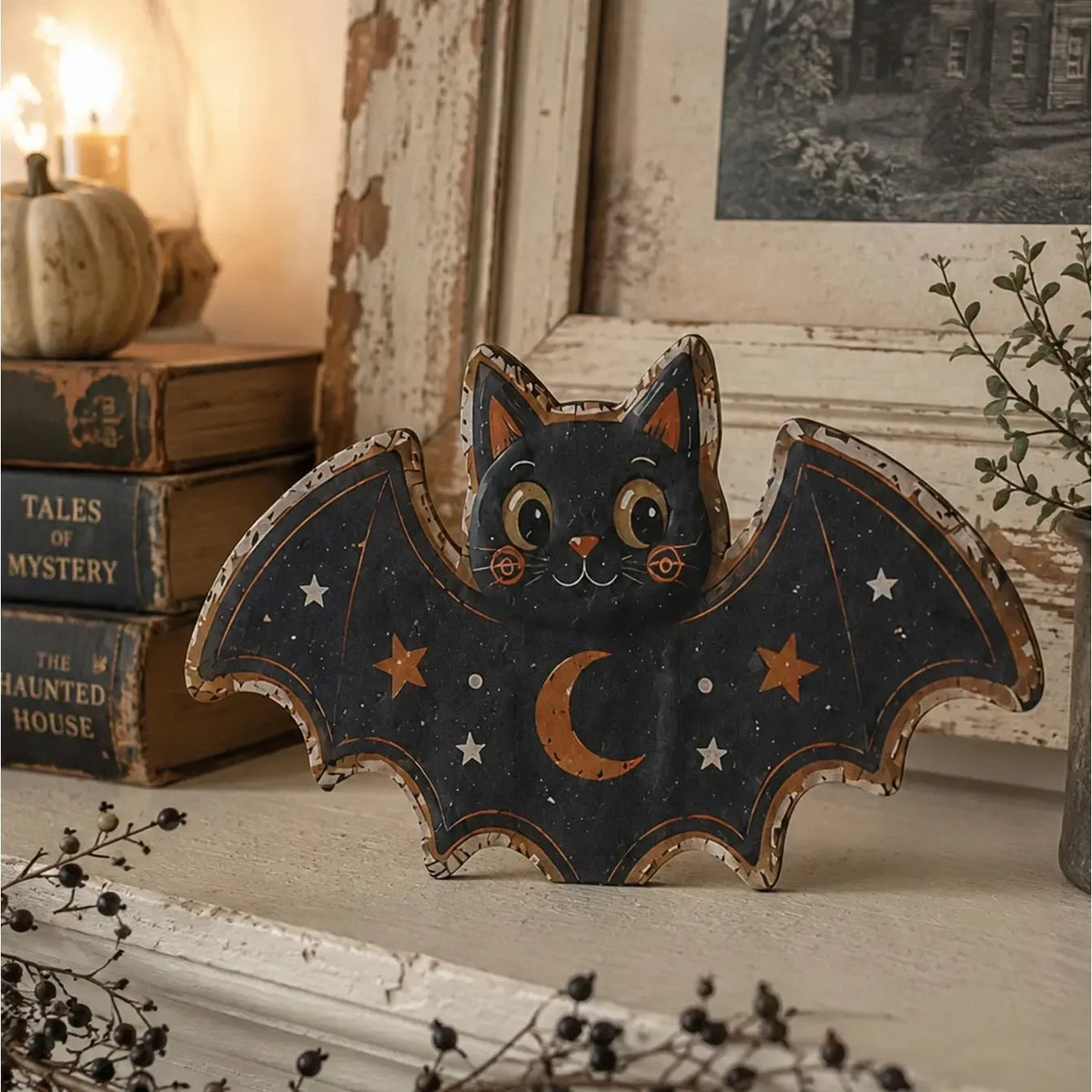 Retro Halloween Table Sign, Ghost Bat Moon Haunted House Decor, product view 9 of 19