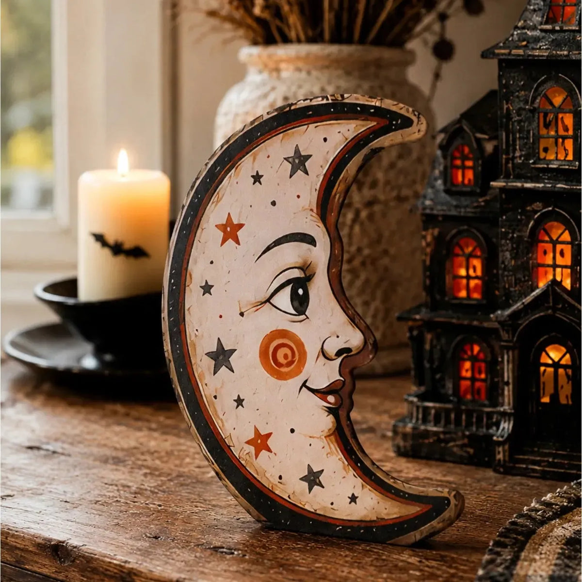 Retro Halloween Table Sign, Ghost Bat Moon Haunted House Decor, product view 12 of 19