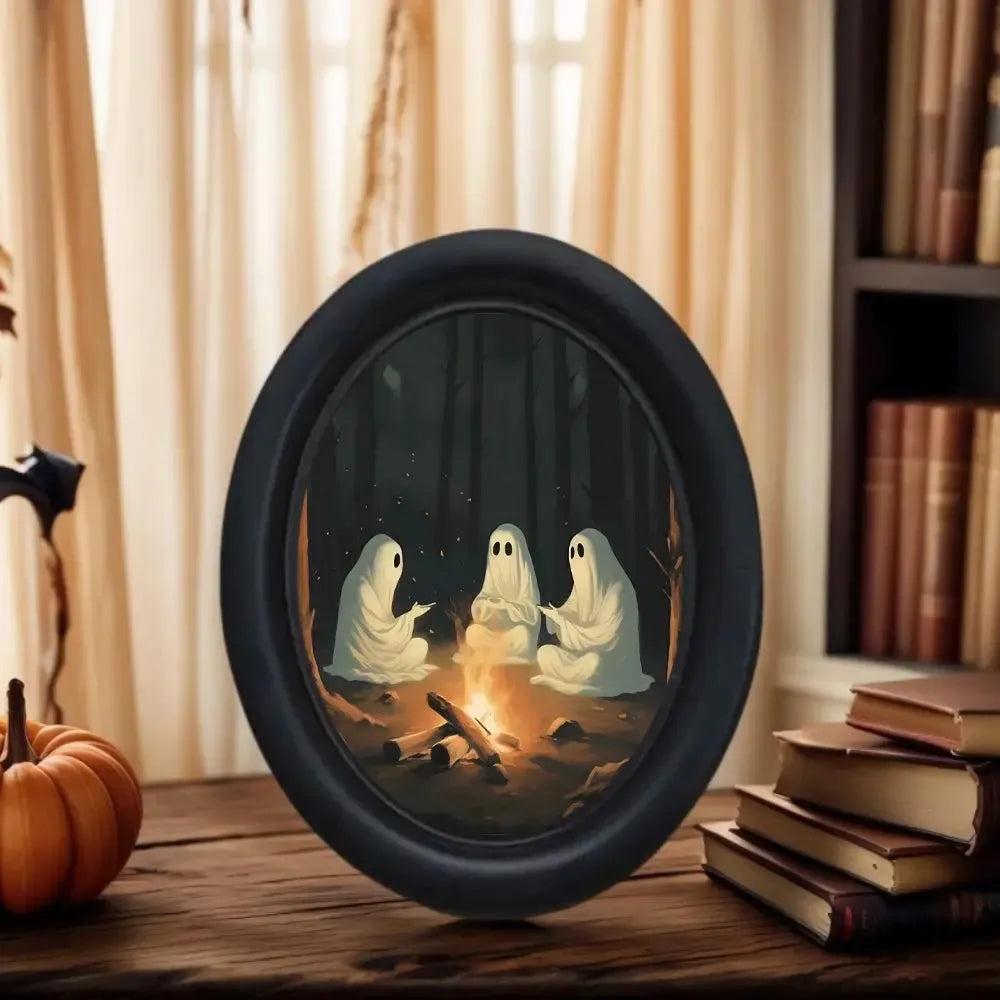 Retro Halloween Three Ghosts Witchy Wooden Oval Frame - Gothic Oval Wall Art - Halloween Wall Decoration-MoonChildWorld
