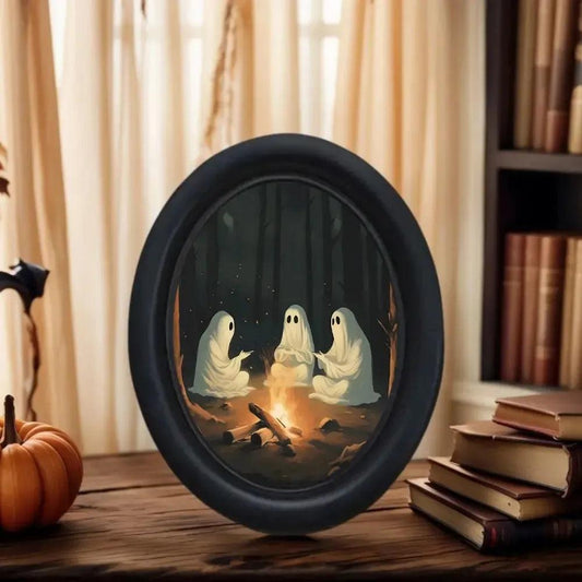 Retro Halloween Three Ghosts Witchy Wooden Oval Frame - Gothic Oval Wall Art - Halloween Wall Decoration-MoonChildWorld