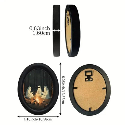 Retro Halloween Three Ghosts Witchy Wooden Oval Frame - Gothic Oval Wall Art - Halloween Wall Decoration-MoonChildWorld