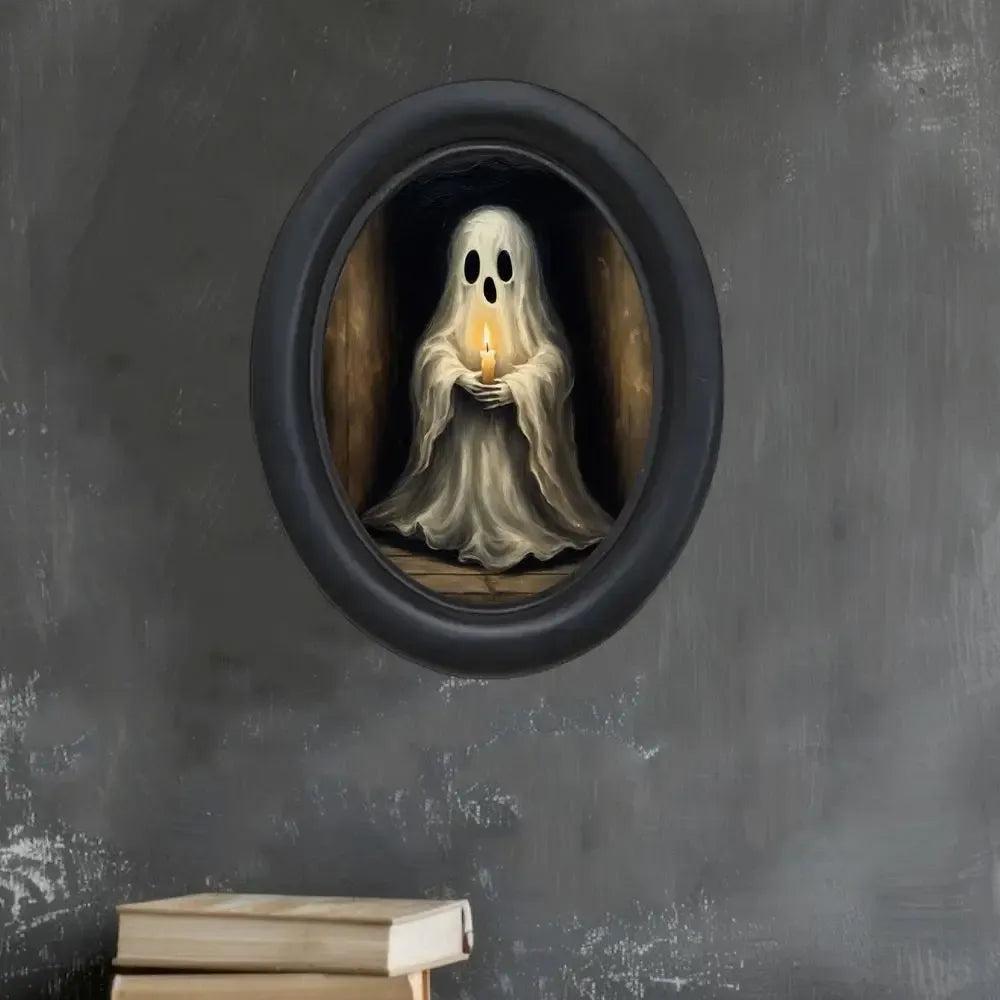 Retro Little Ghost Witch Wooden Oval Frame - Gothic Oval Wall Art - Halloween Wall Decoration-MoonChildWorld