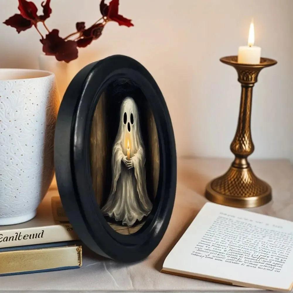 Retro Little Ghost Witch Wooden Oval Frame - Gothic Oval Wall Art - Halloween Wall Decoration-MoonChildWorld