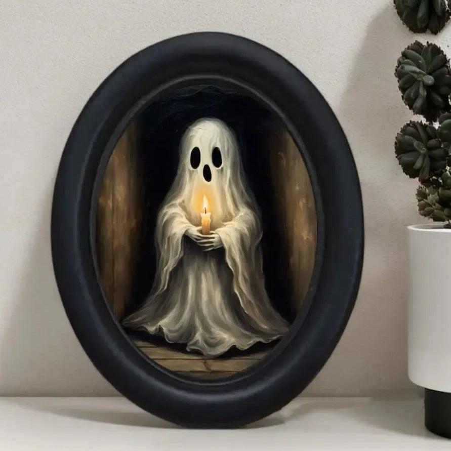 Retro Little Ghost Witch Wooden Oval Frame - Gothic Oval Wall Art - Halloween Wall Decoration-MoonChildWorld