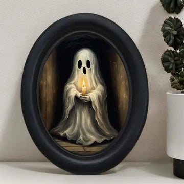 Retro Little Ghost Witch Wooden Oval Frame - Gothic Oval Wall Art - Halloween Wall Decoration-MoonChildWorld