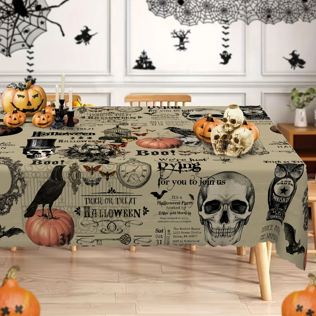 Retro Skull Spider Halloween Tablecloth Gothic Table Decor-MoonChildWorld