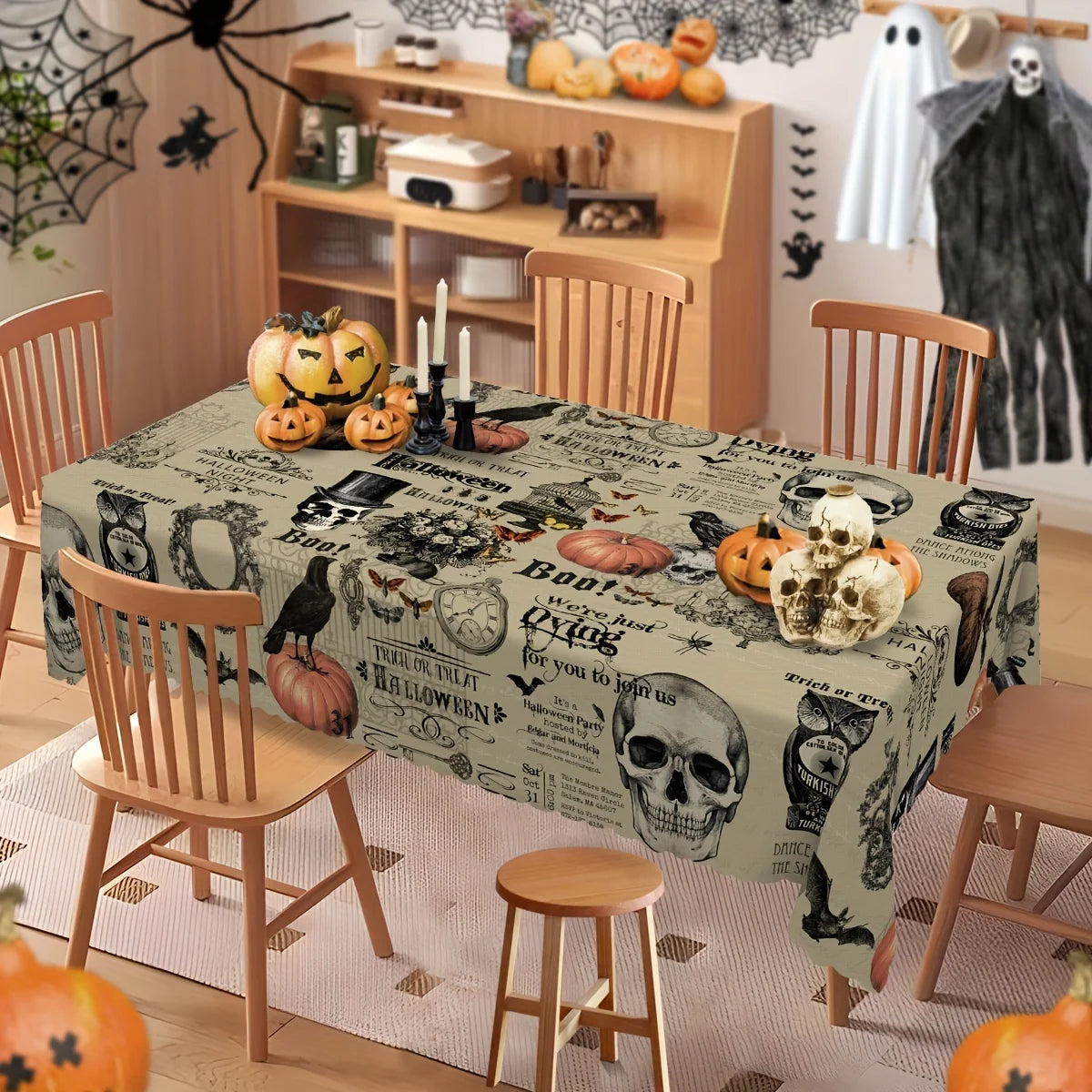 Retro Skull Spider Halloween Tablecloth Gothic Table Decor-MoonChildWorld