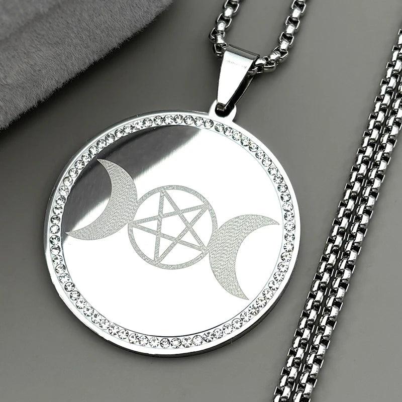 Rhinestone Triple Moon Goddess Pentagram Necklace Wicca Pagan Jewelry-MoonChildWorld