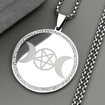 Rhinestone Triple Moon Pentagram Necklace Wicca Pagan Jewelry-MoonChildWorld