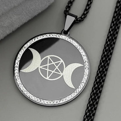 Rhinestone Triple Moon Pentagram Necklace Wicca Pagan Jewelry-MoonChildWorld