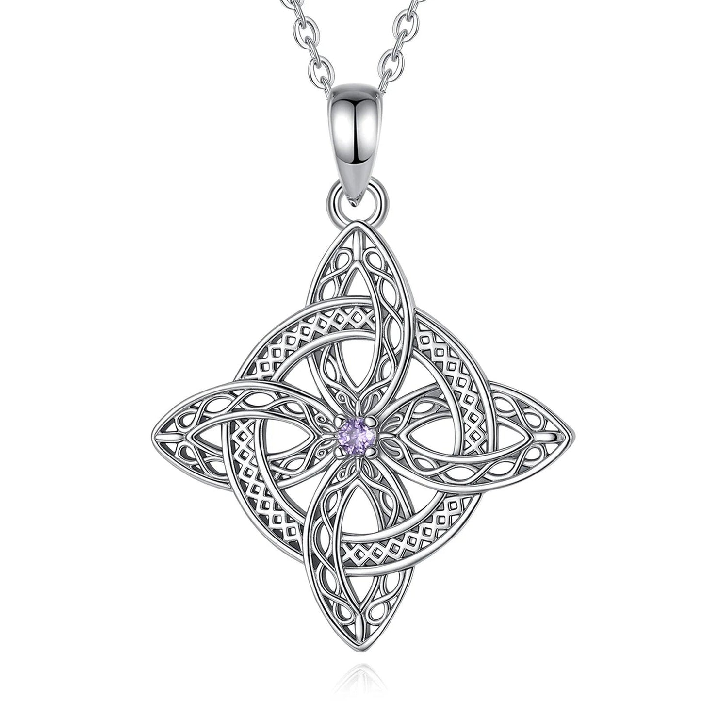 925 sterling silver Celtic Witch Knot pendant with a central purple zirconia, on a delicate chain.